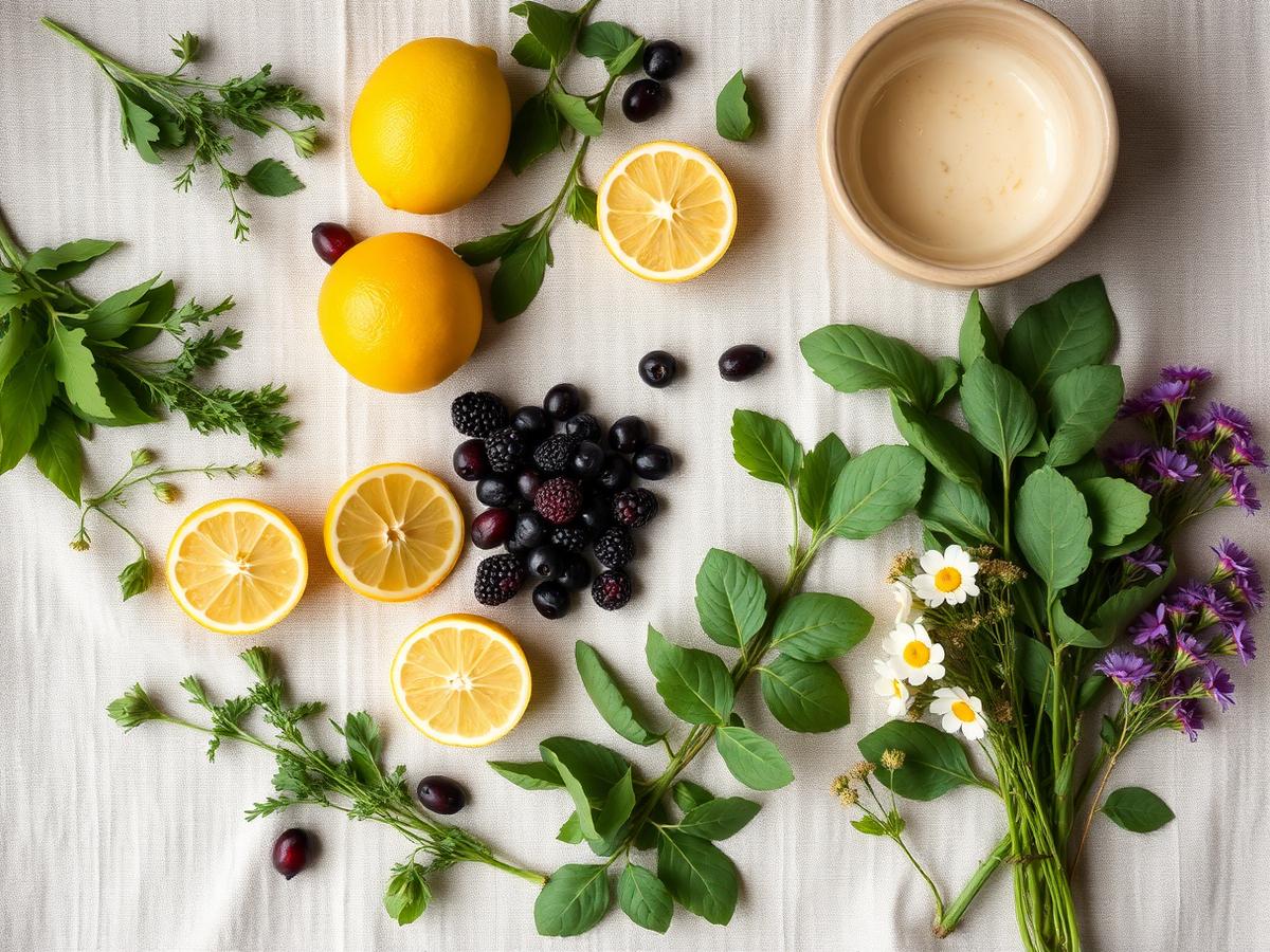 Flat lay of lemons, berries, fresh herbs and wildflowers on linen