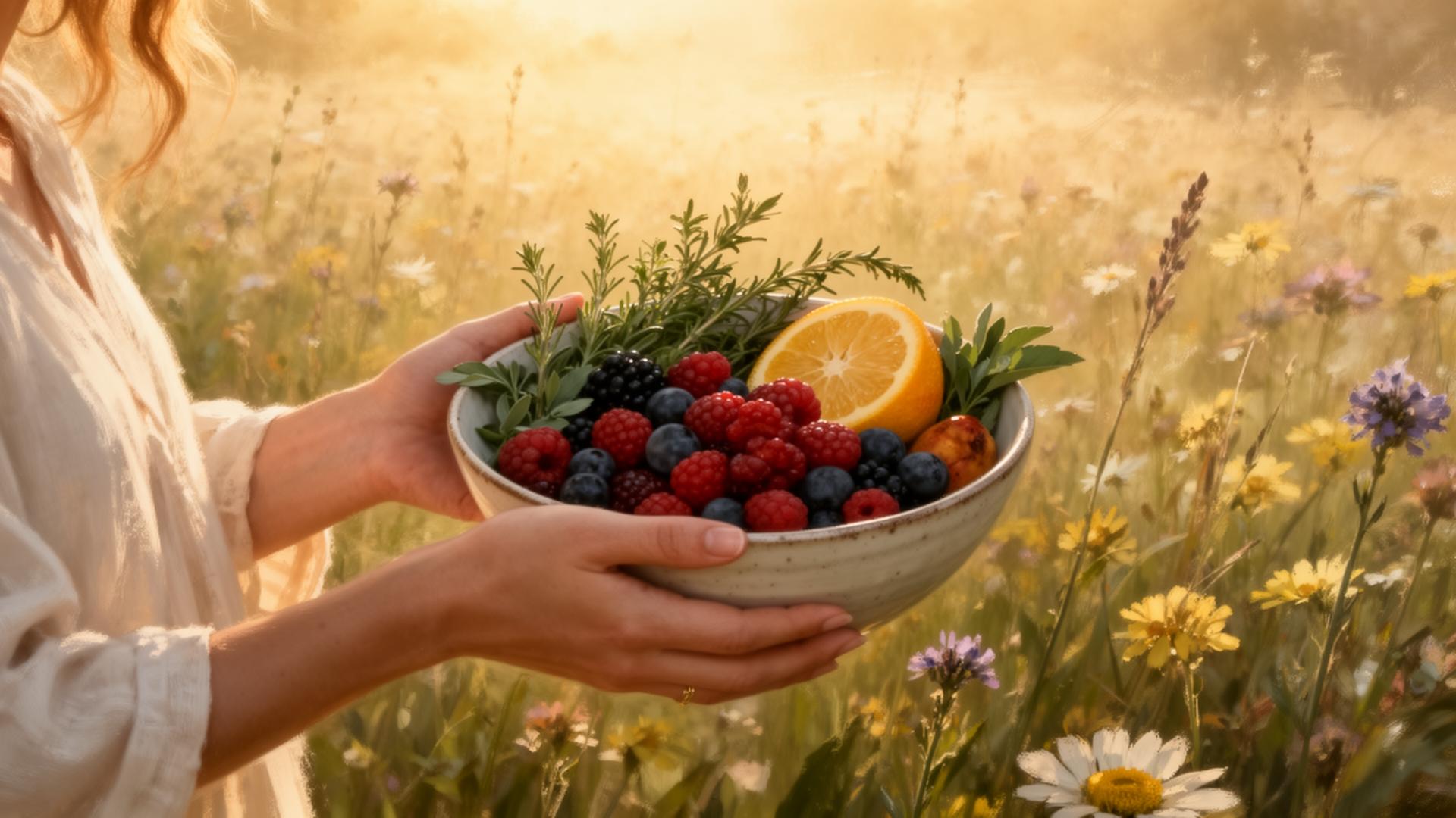 Hands holding a bowl of berries and herbs in a sunlit meadow